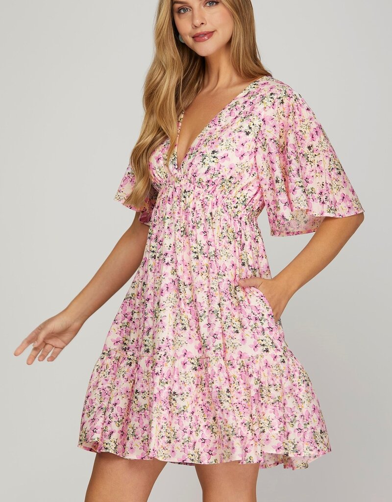 509 Broadway Flutter Sleeve Plunge Neck Mini Dress