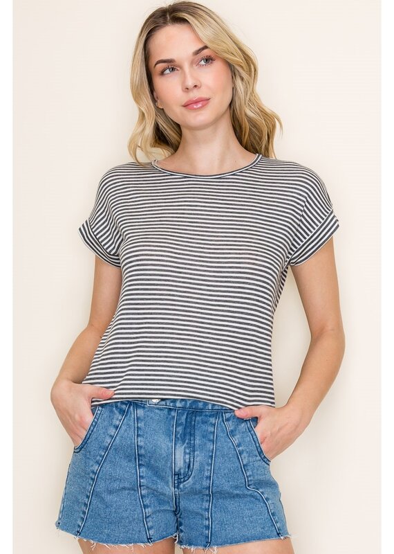 509 Broadway Twisted Key Hole Pin Stripe Tee