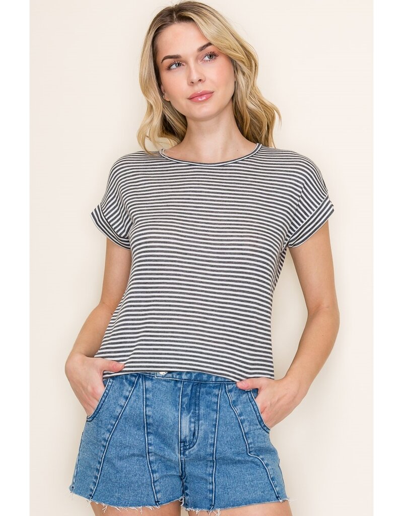 509 Broadway Twisted Key Hole Pin Stripe Tee