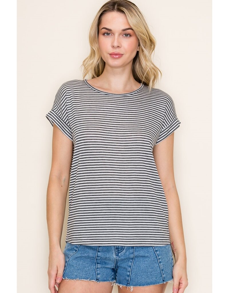 509 Broadway Twisted Key Hole Pin Stripe Tee