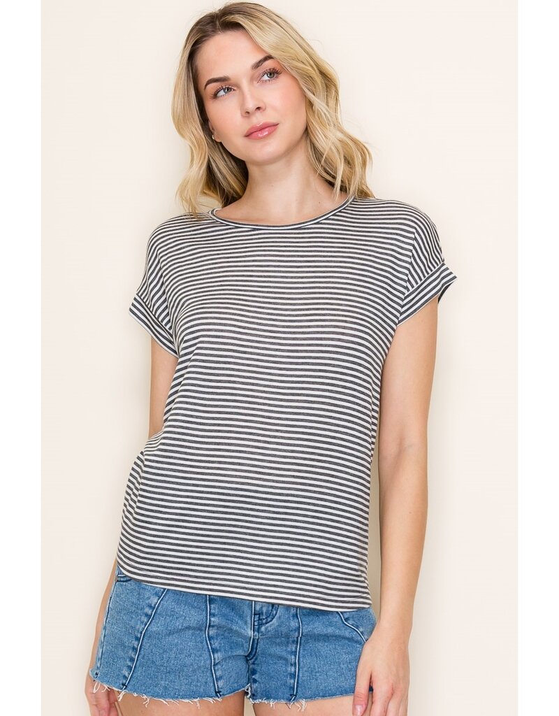 509 Broadway Twisted Key Hole Pin Stripe Tee