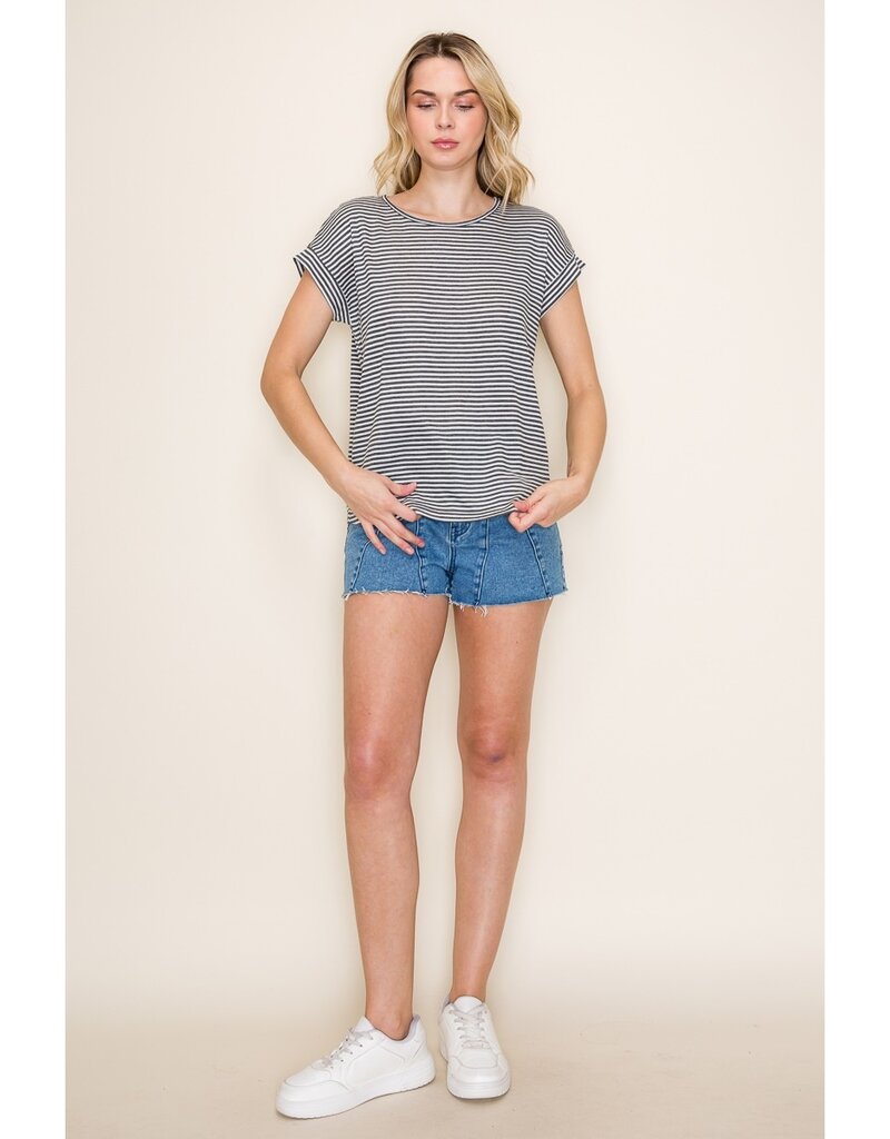 509 Broadway Twisted Key Hole Pin Stripe Tee