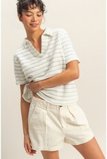 509 Broadway Stripe Polo Neck S/S Top