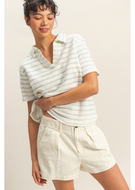 509 Broadway Stripe Polo Neck S/S Top