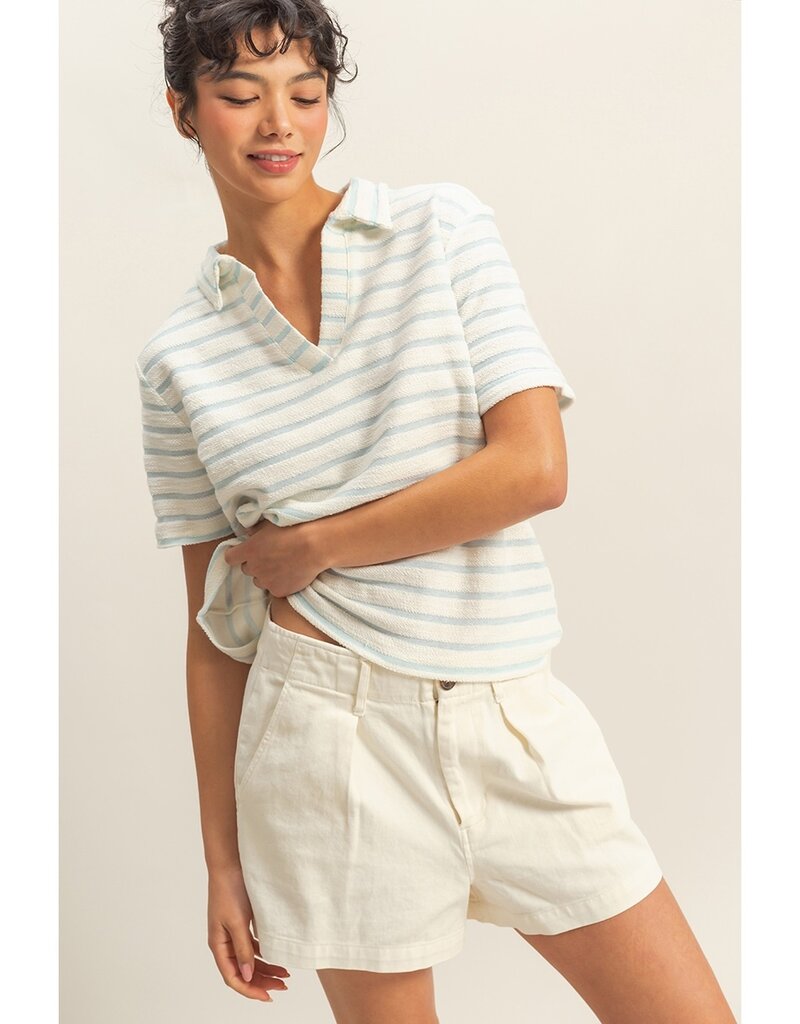 509 Broadway Stripe Polo Neck S/S Top