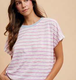 509 Broadway Contrast Neck Band Stripe T Shirt