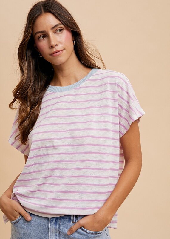 509 Broadway Contrast Neck Band Stripe T Shirt