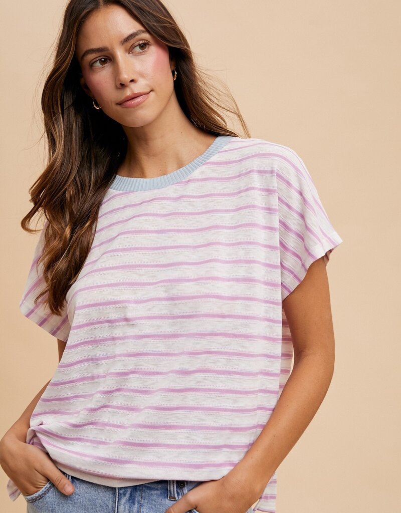 509 Broadway Contrast Neck Band Stripe T Shirt