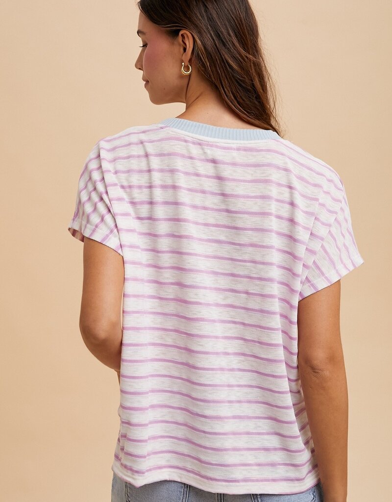 509 Broadway Contrast Neck Band Stripe T Shirt