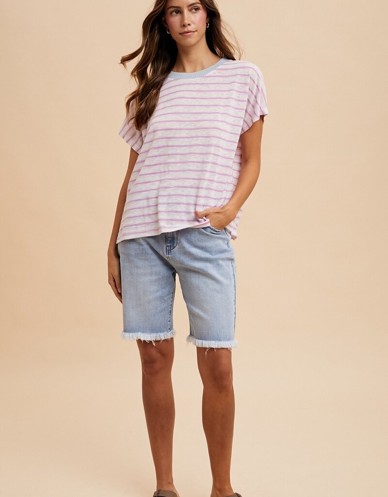 509 Broadway Contrast Neck Band Stripe T Shirt