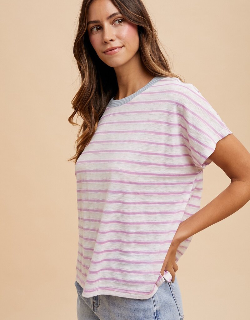 509 Broadway Contrast Neck Band Stripe T Shirt