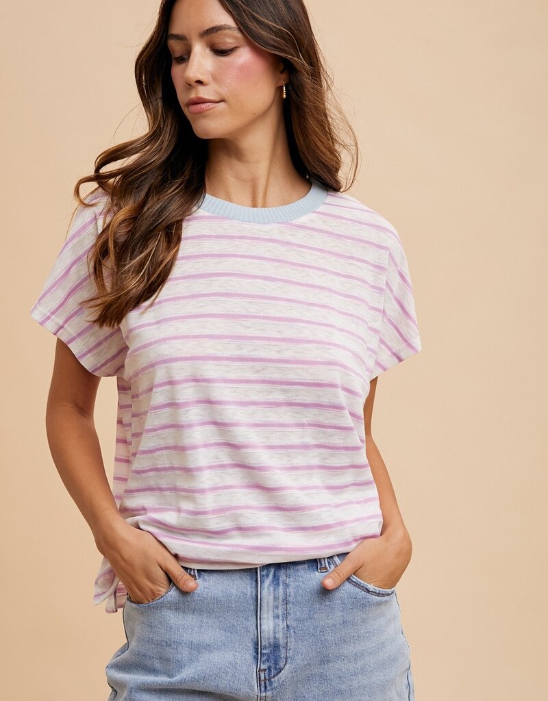509 Broadway Contrast Neck Band Stripe T Shirt