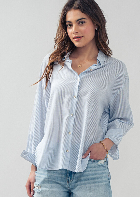 509 Broadway Lightweight Pin Stripe Button Top