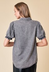 509 Broadway Puff Sleeve Button Down Denim Shirt