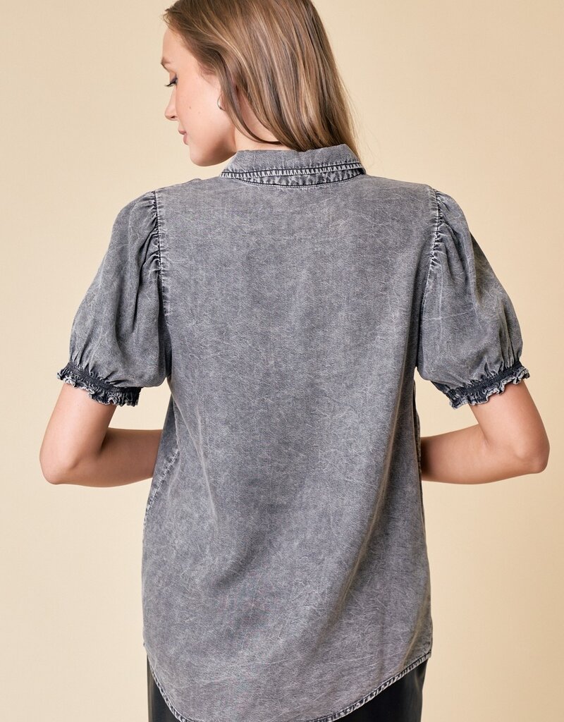 509 Broadway Puff Sleeve Button Down Denim Shirt