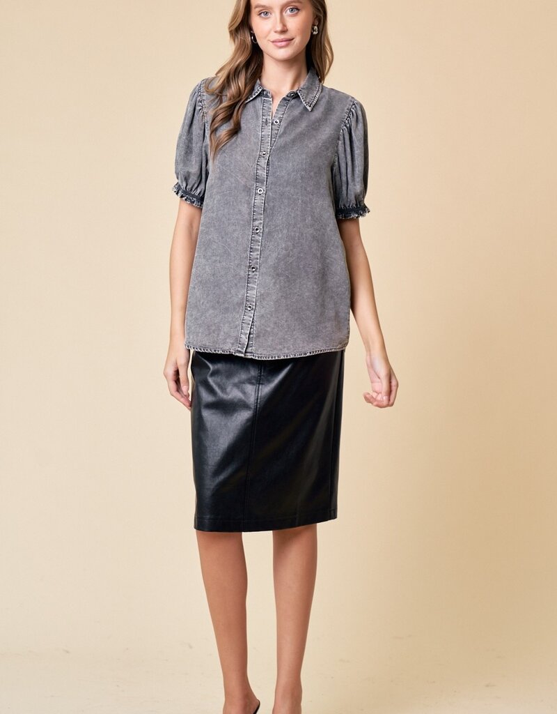 509 Broadway Puff Sleeve Button Down Denim Shirt