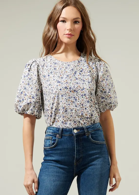509 Broadway Heath Floral Balloon Sleeve Blouse