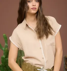 509 Broadway Contrast Stitch Trim Collared Top
