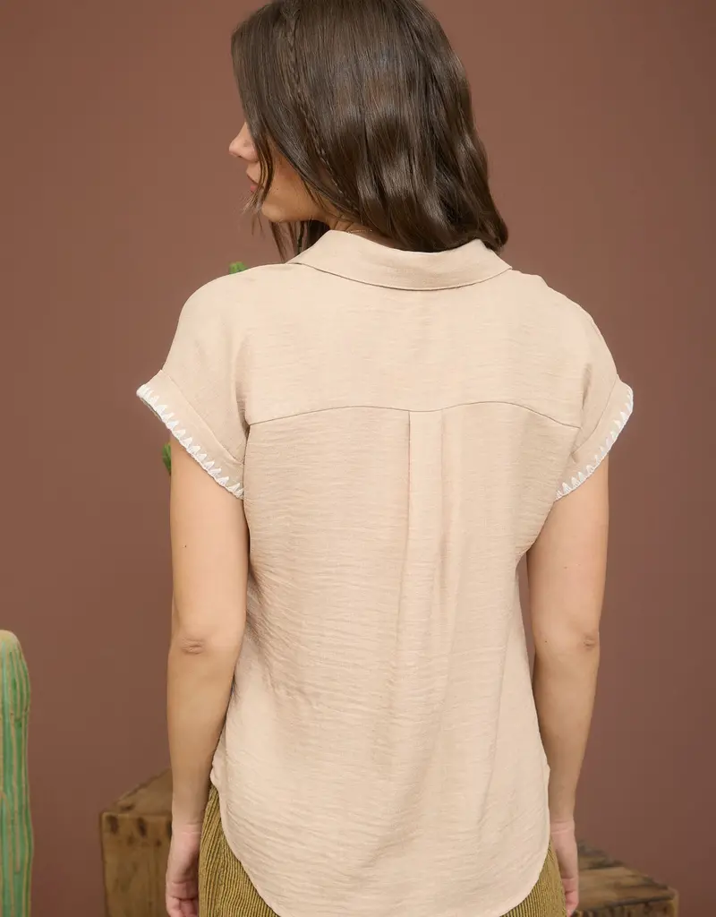 509 Broadway Contrast Stitch Trim Collared Top