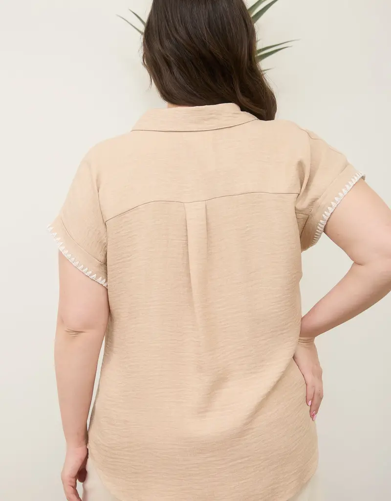 509 Broadway Contrast Stitch Trim Collared Top