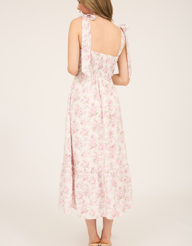 509 Broadway Floral Tie Strap Ruched Detail Maxi