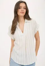 509 Broadway Stripe Collared Pintuck Detail Top