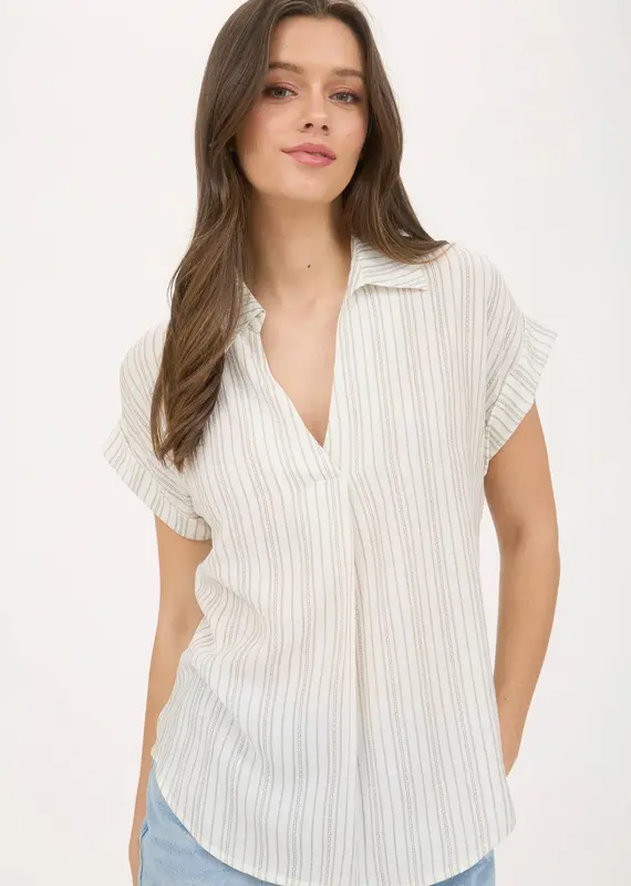 509 Broadway Stripe Collared Pintuck Detail Top
