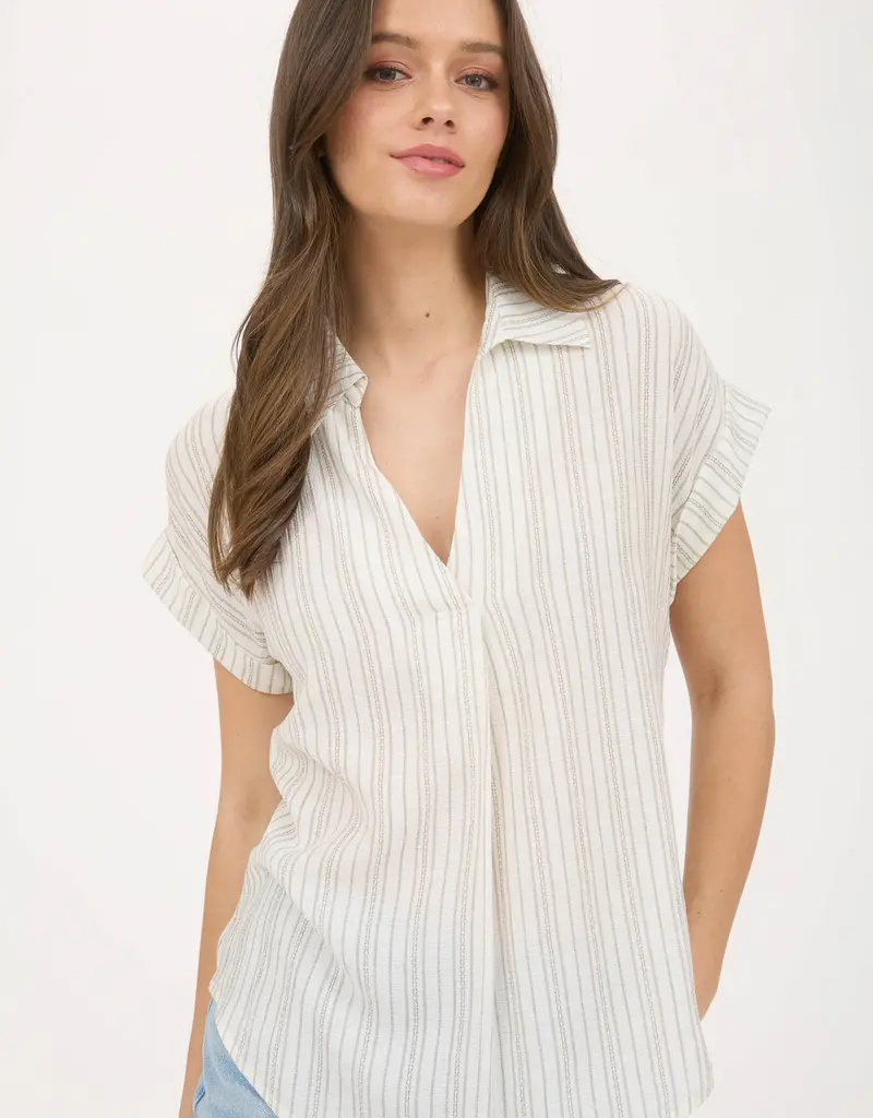 509 Broadway Stripe Collared Pintuck Detail Top