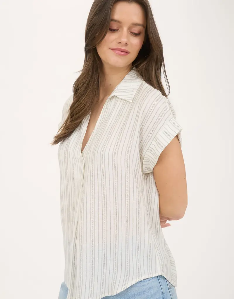 509 Broadway Stripe Collared Pintuck Detail Top