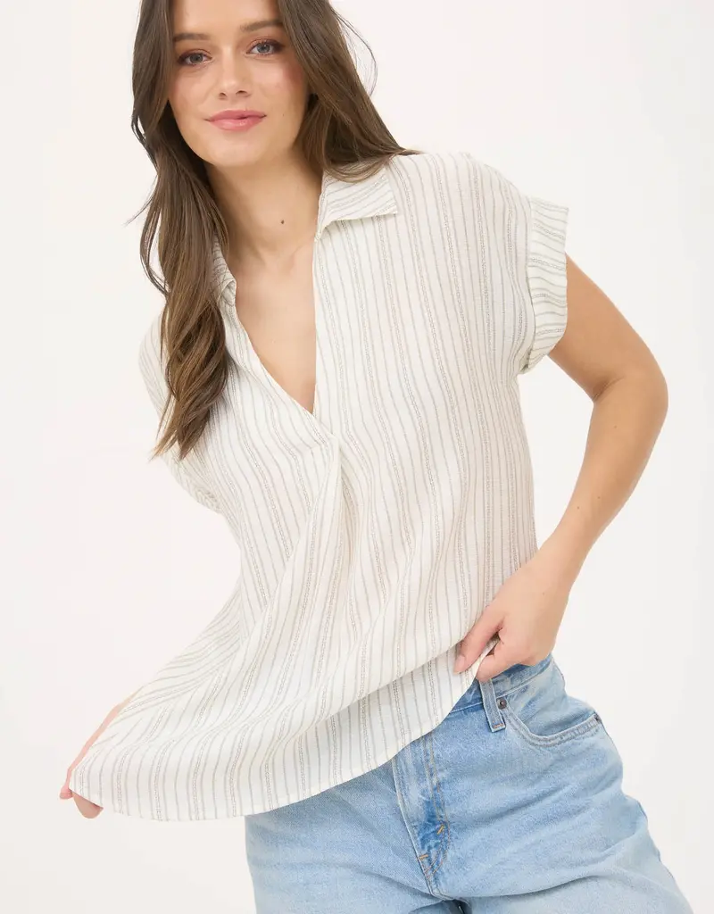 509 Broadway Stripe Collared Pintuck Detail Top