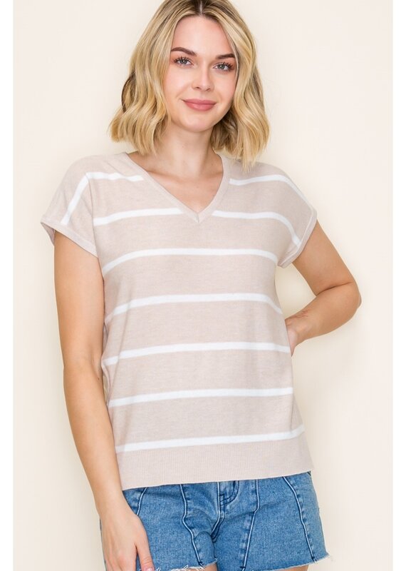 509 Broadway S/S V-Neck Striped Top