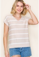 509 Broadway S/S V-Neck Striped Top