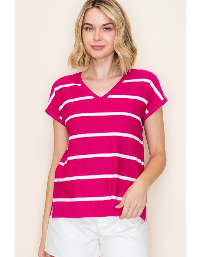 509 Broadway S/S V-Neck Striped Top