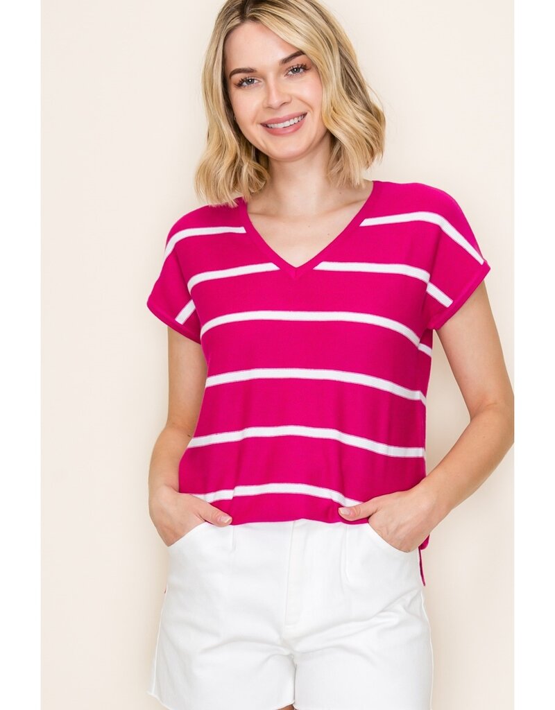 509 Broadway S/S V-Neck Striped Top