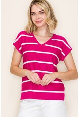 509 Broadway S/S V-Neck Striped Top