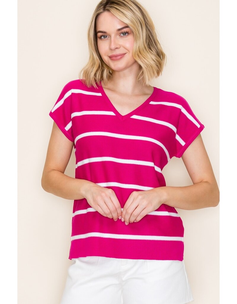 509 Broadway S/S V-Neck Striped Top