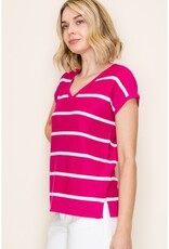 509 Broadway S/S V-Neck Striped Top
