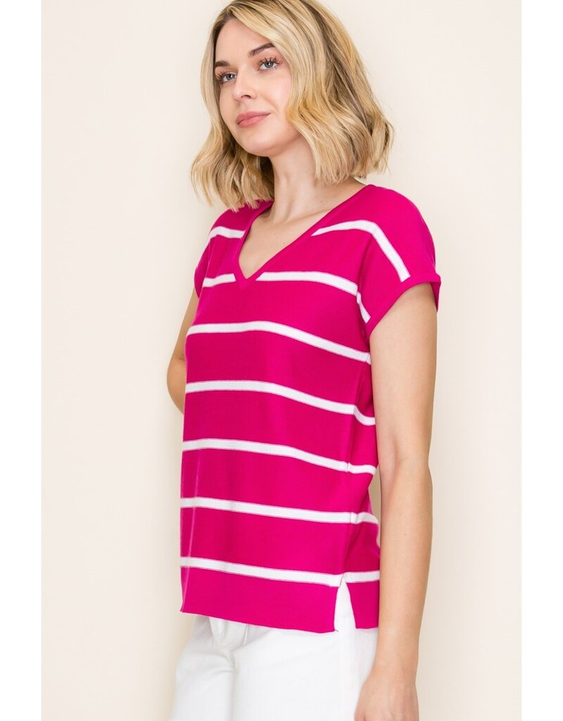 509 Broadway S/S V-Neck Striped Top