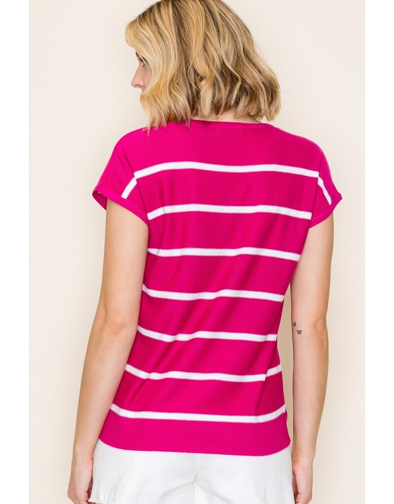 509 Broadway S/S V-Neck Striped Top