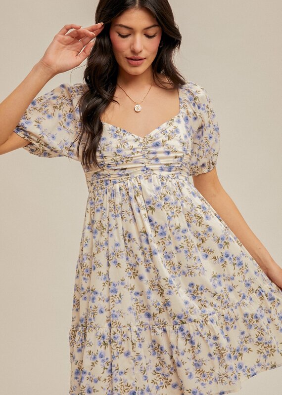 509 Broadway Ruched Puff Sleeve Floral Dress