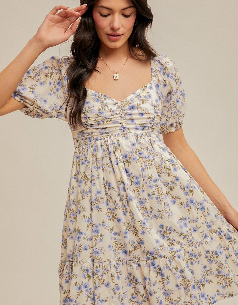 509 Broadway Ruched Puff Sleeve Floral Dress