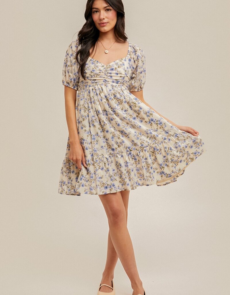 509 Broadway Ruched Puff Sleeve Floral Dress