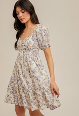 509 Broadway Ruched Puff Sleeve Floral Dress