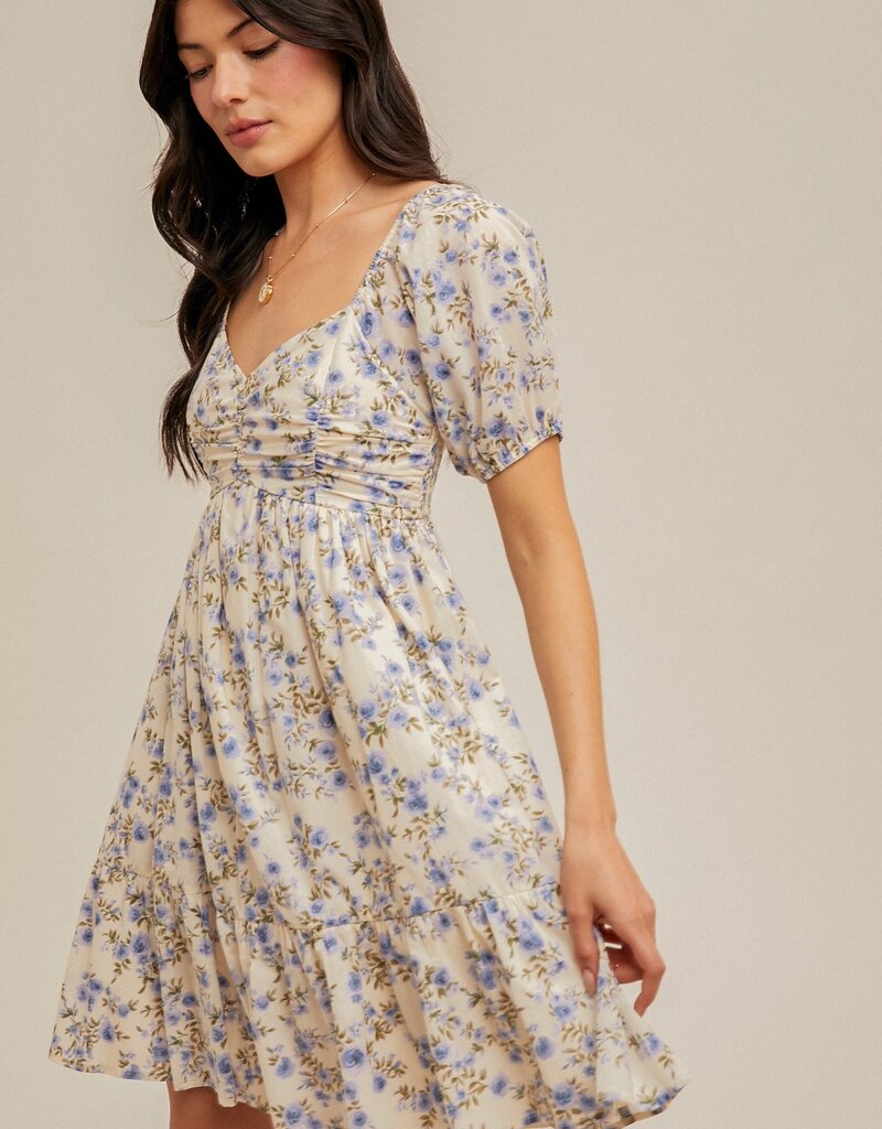 509 Broadway Ruched Puff Sleeve Floral Dress