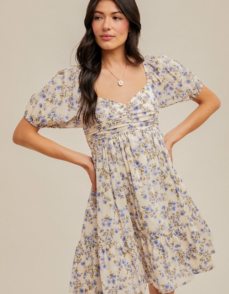 509 Broadway Ruched Puff Sleeve Floral Dress