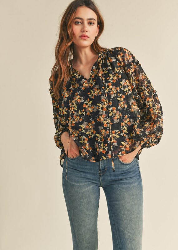 509 Broadway Keyhole Ruffle Neck Floral Top
