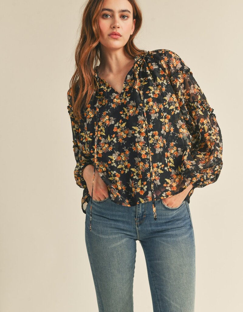 509 Broadway Keyhole Ruffle Neck Floral Top