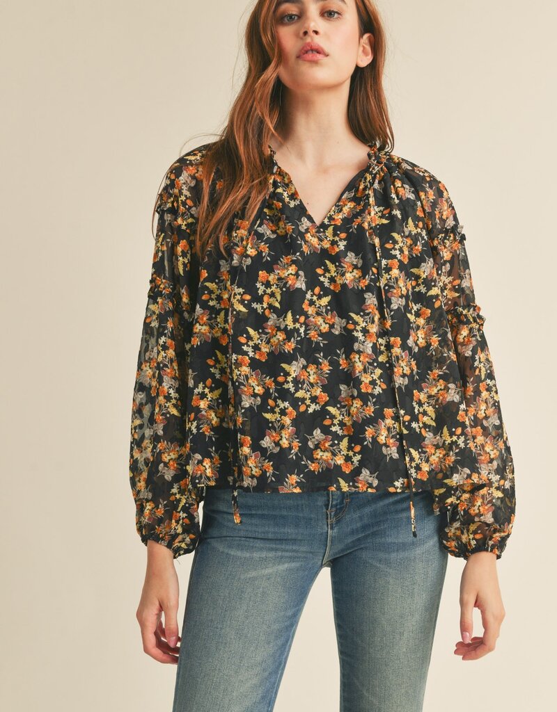 509 Broadway Keyhole Ruffle Neck Floral Top