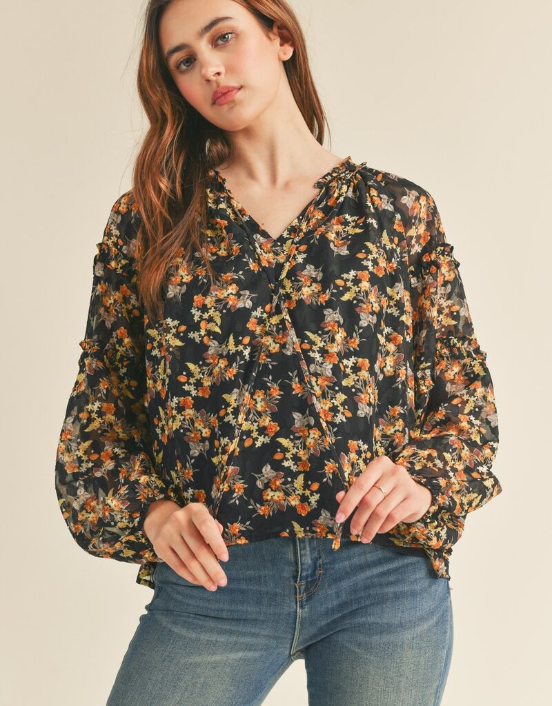 509 Broadway Keyhole Ruffle Neck Floral Top