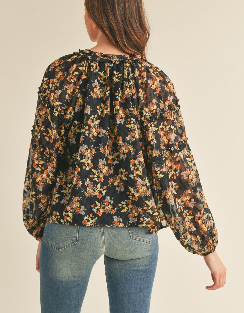 509 Broadway Keyhole Ruffle Neck Floral Top